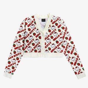 Sanrio Hello Kitty x Dumbgood Cream Red Waffle-Knit Cardigan w Strawberry & HK L